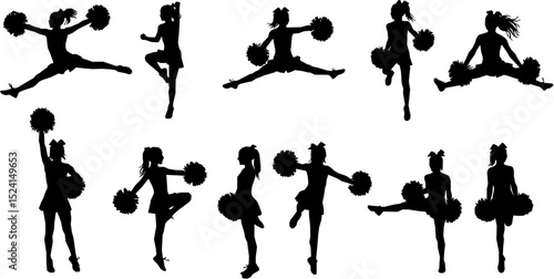 Vector silhouettes of young girls cheerleaders.

