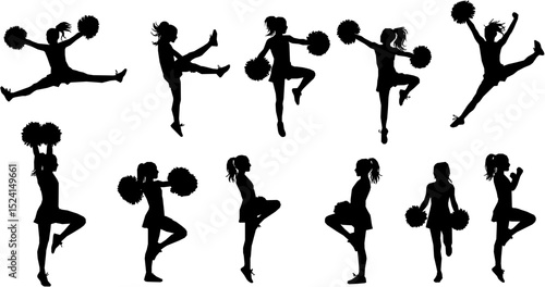 Vector silhouettes of young girls cheerleaders.
