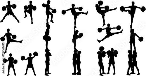 Vector silhouettes of young boys cheerleaders.
