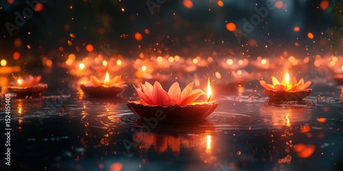 Floating Lotus Flower Candles on Water Reflecting Orange Light at Dusk
