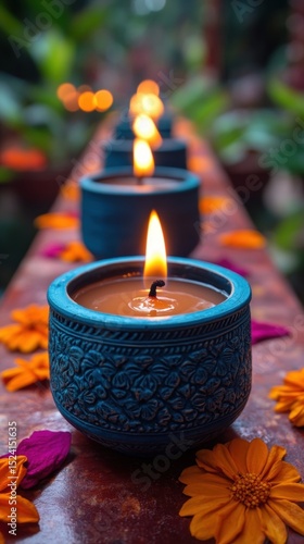 Row of Lit Oil Lamps with Decorative Bowls and Flower Petals for Celebration