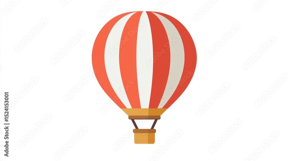 Fototapeta premium A simple, flat-design illustration of a red and white striped hot air balloon with a light brown wicker basket, set against a white background