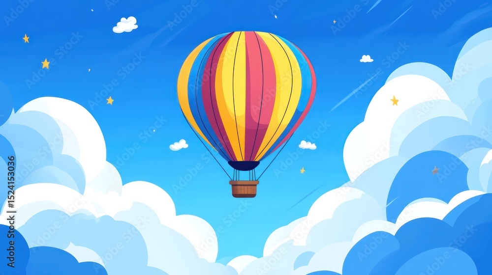 A vibrant hot air balloon, multicolored and striped, floats serenely amidst fluffy white clouds against a bright blue sky dotted with small stars A vibrant hot air balloon, multicolored and striped, floats serenely amidst fluffy white clouds against a bright blue sky dotted with small stars