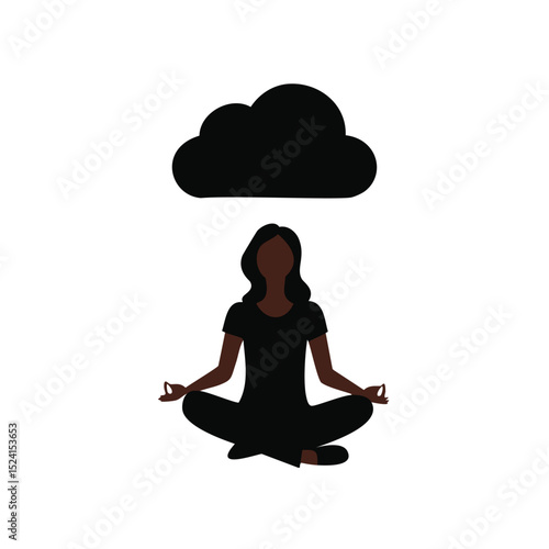 Woman meditating under a dark cloud finding peace