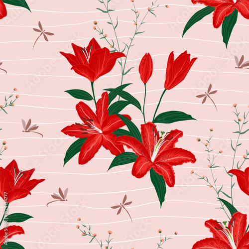 Hand drawn beautiful lily seamless pattern on red tone,design for fashion,fabric,textile,wallpaper and all print