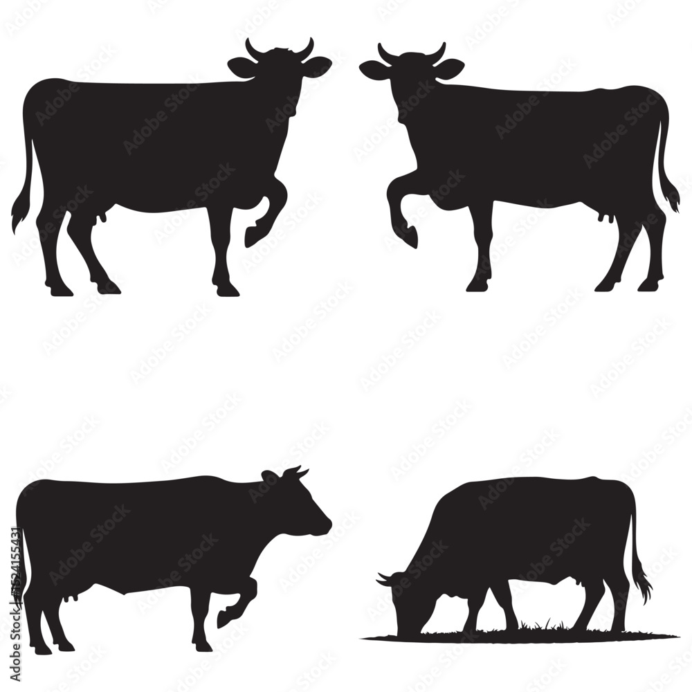 Fototapeta premium Cow and Bull Silhouette Vector Collection – Black Farm Animal Clipart in Standing, Grazing and Sitting Poses on White Background for Commercial and Branding Use . Thank You .