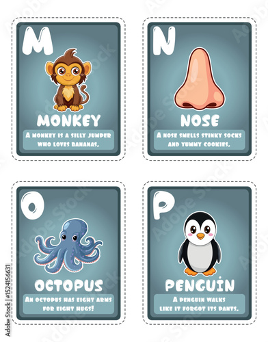 Alphabet flashcards for children with cute illustrations M - P