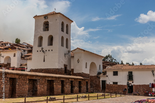 Bellfry and Inca ruins in Chinchero town, Peru