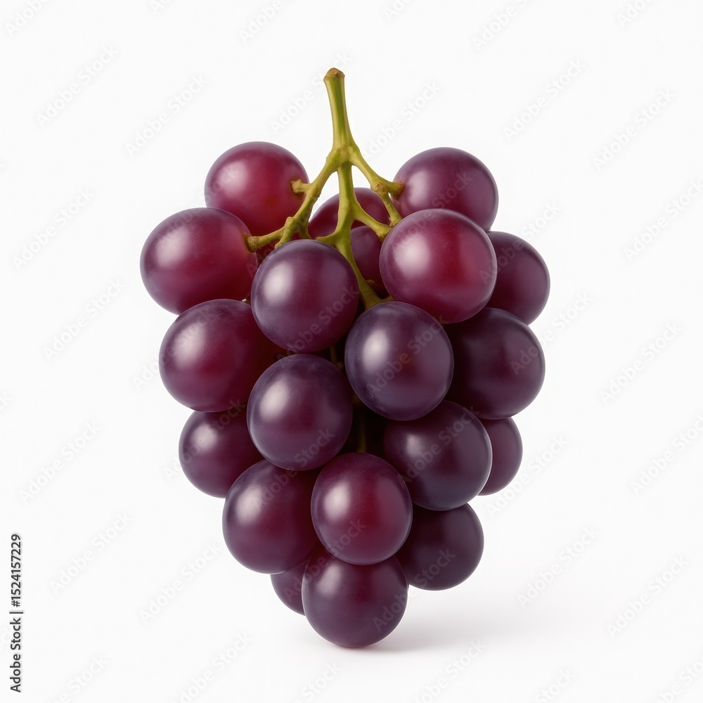 Fototapeta premium Cluster of Glossy Purple Grapes Against Plain White Background in Realistic Style