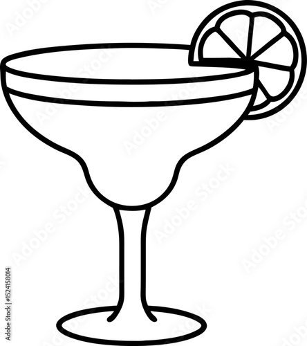 Elegant outline illustration of a margarita cocktail glass with a fresh lemon slice perfect for bar menus or beverage design