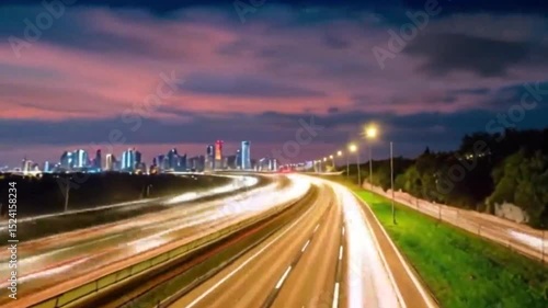 Night City Highway Timelapse: Lights Trails and Skyline