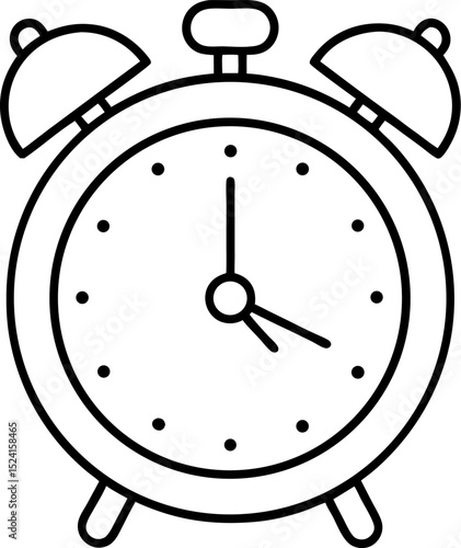 Simple black and white outline illustration of a classic retro alarm clock design showing the time of approximately four o'clock.