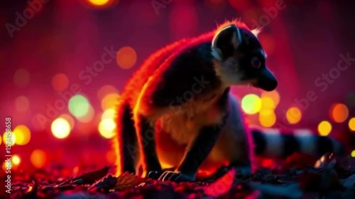 Coati in a Vibrant, Bokeh-Filled Scene with Red and Yellow Lights