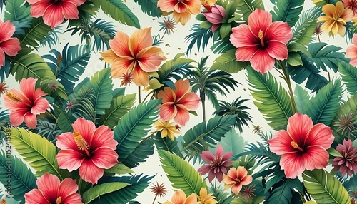 Colorful seamless floral pattern with tropical flowers and leaves, ideal for textile, wallpaper, packaging, and surface design.