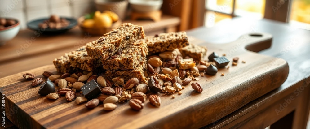 Delicious Homemade Granola Bars with Mixed Nuts and Chocolate on Wooden Board Delicious Homemade Granola Bars with Mixed Nuts and Chocolate on Wooden Board