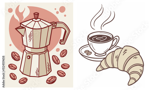 Set of naive style vector illustrations featuring coffee pot and croissant