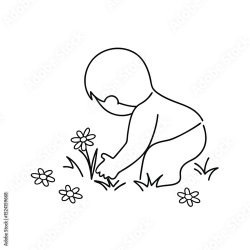 Child picking flowers line drawing simple illustration
