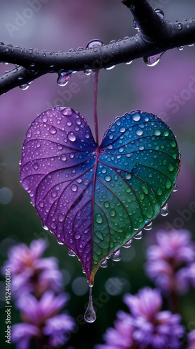 Rainbow Heart-Shaped Leaf with Dew Drops