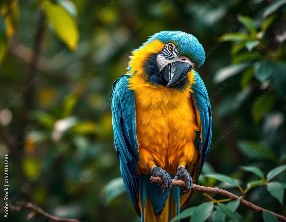 Obraz premium A Vibrant Blue-and-Gold Macaw Perched on a Branch Amidst Lush Green Foliage