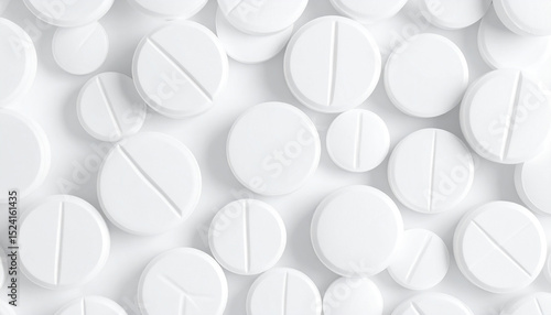 A high-angle, close-up shot of numerous white, round pills scattered on a white background.  Many are bisected by a single, shallow groove