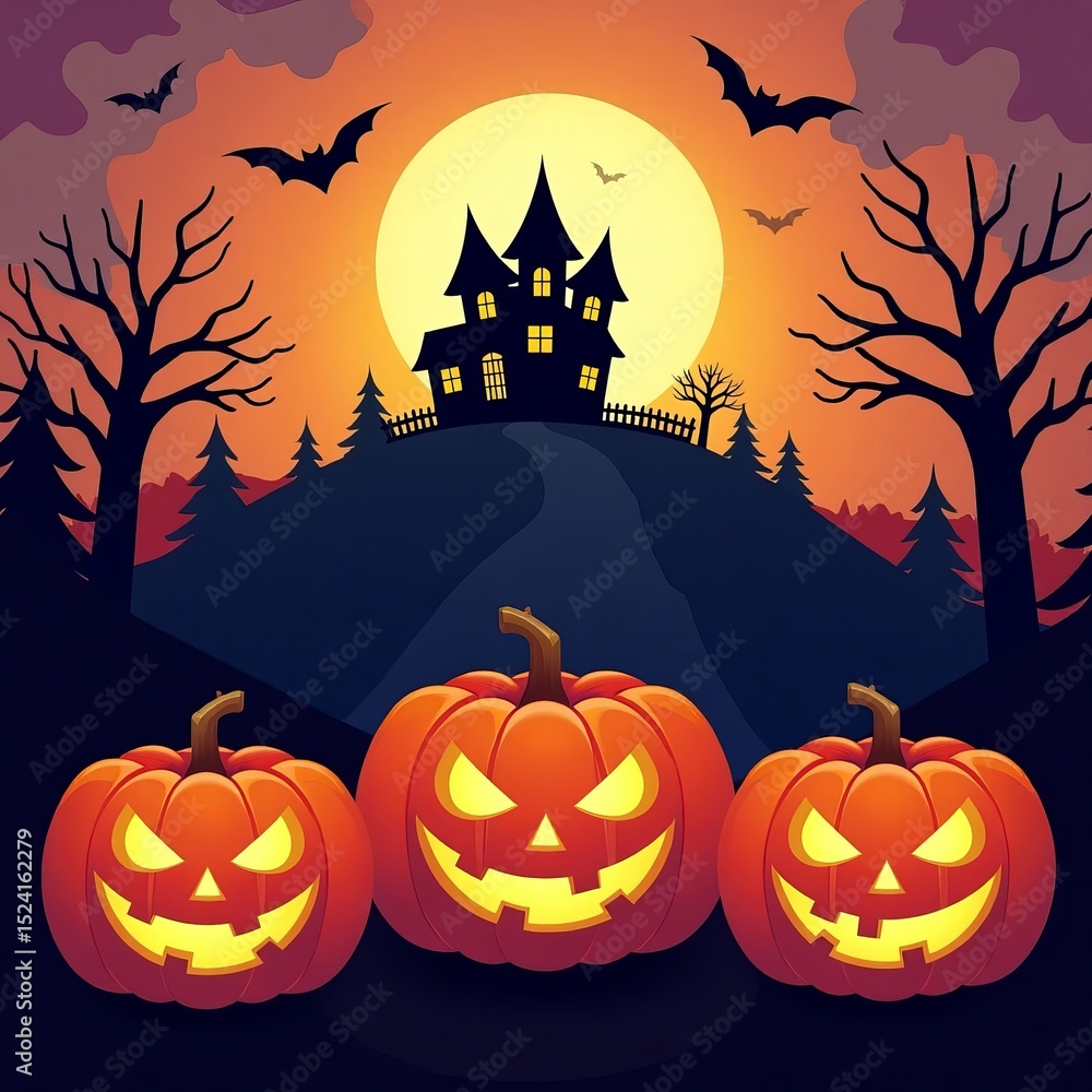 A banner with pumpkins and halloween castle spooky decor halloween night A banner with pumpkins and halloween castle spooky decor halloween night