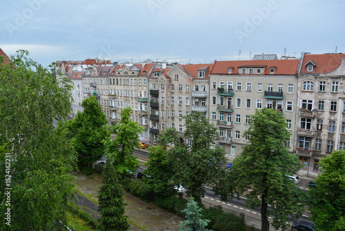 View of old houses in Wroclaw. Cloudy day on Kosciuszki Street