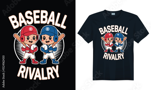 Cute baseball rivalry cartoon characters in red and blue uniforms perfect for sport themed t-shirt designs