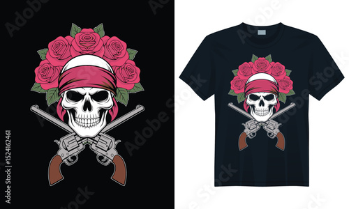 Skull wearing bandana with roses and guns for heavy metal rock and biker t-shirt design