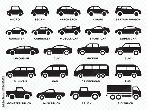 Vehicle types vector icons set for transportation and logistics themes