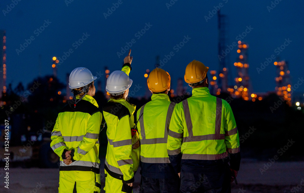 Fototapeta premium Back of group of petrochemical or gas factory stand in front of factory with show working light at night.