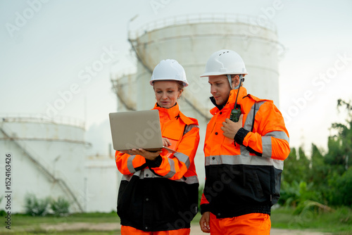 Two technician or gas factory workers discuss together in front of gas or petrochemical tank and they look happiness with their work.