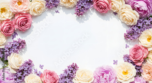 優しい光に包まれた薔薇とライラックの華やか花輪 背景白. AI Generated