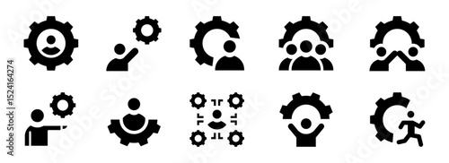Conjunto de iconos de administrador. Gestión, liderazgo, administración de equipos y funciones. Usuario con engranaje, sostener, alcanzar, coordinar, conectar y liderar. Ilustración vectorial