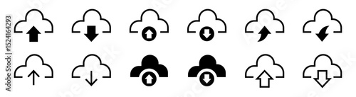 Conjunto de iconos de nubes de almacenamiento. Subida y descarga de archivos. Base de datos y almacenamiento en la red. Flecha arriba y abajo dentro de nubes digitales. Ilustración vectorial