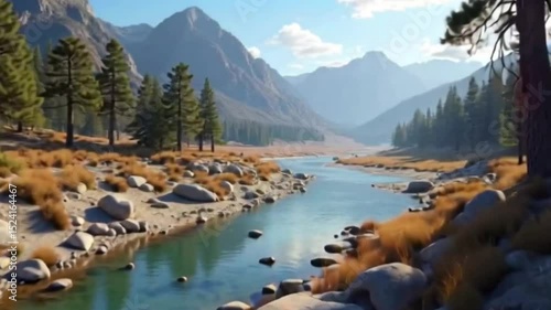 Serene Mountain River Valley Scenery in Autumn