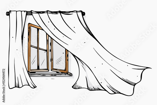Window with fluttering curtains in charcoal sketch style