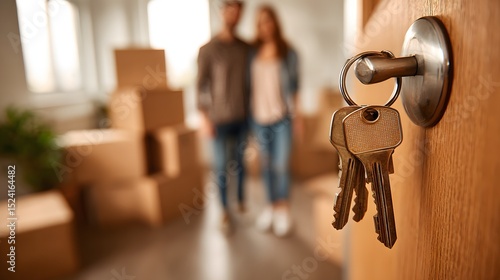 Woman walking through room filled with moving boxes holding keys symbolizing new beginnings and fresh starts