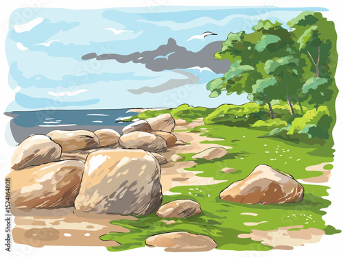 Scenic coastline with rocks and greenery under cloudy sky  