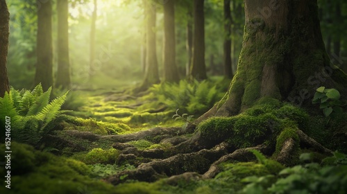 苔むす森の木の根とシダ植物・静かな森林風景