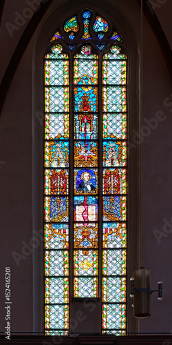 Leipzig, Germany. The stained glass window with portrait of Felix Mendelssohn Bartholdy in Thomaskirche (St Thomas Church).