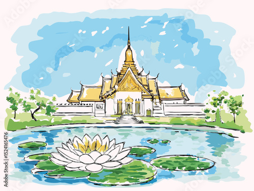 Traditional Thai temple beside a lotus pond in a serene landscape  