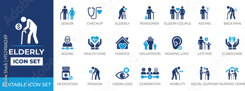 Elderly solid icon set featuring senior care, support, mobility, health, lifestyle, and medical assistance symbols for apps, websites, and services.