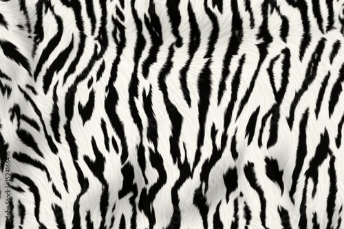 White tiger skin texture with copy space. Close-up white tiger pattern. Big Cat fur. Tiger stripes. Realistic white tiger skin. White tiger design texture. Detailed white tiger skin close-up. 