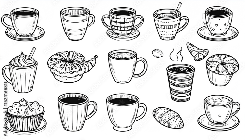 Fototapeta premium Hand-drawn illustration of various coffee cups, pastries, and coffee-related items in a monochrome sketch style, showing diverse cup designs and accompanying treats