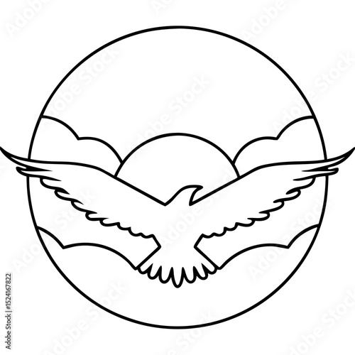 Majestic eagle soaring high above clouds at sunset. Eagle in flight, wings spread wide, against vibrant sun and fluffy clouds.