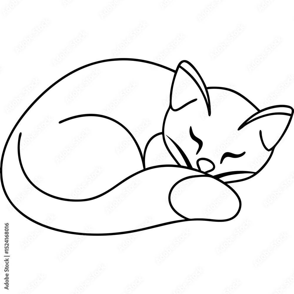 Naklejka premium Adorable sleeping cat curled up in a ball. Peaceful domestic cat resting comfortably, perfect for children's book illustrations or pet-themed designs.