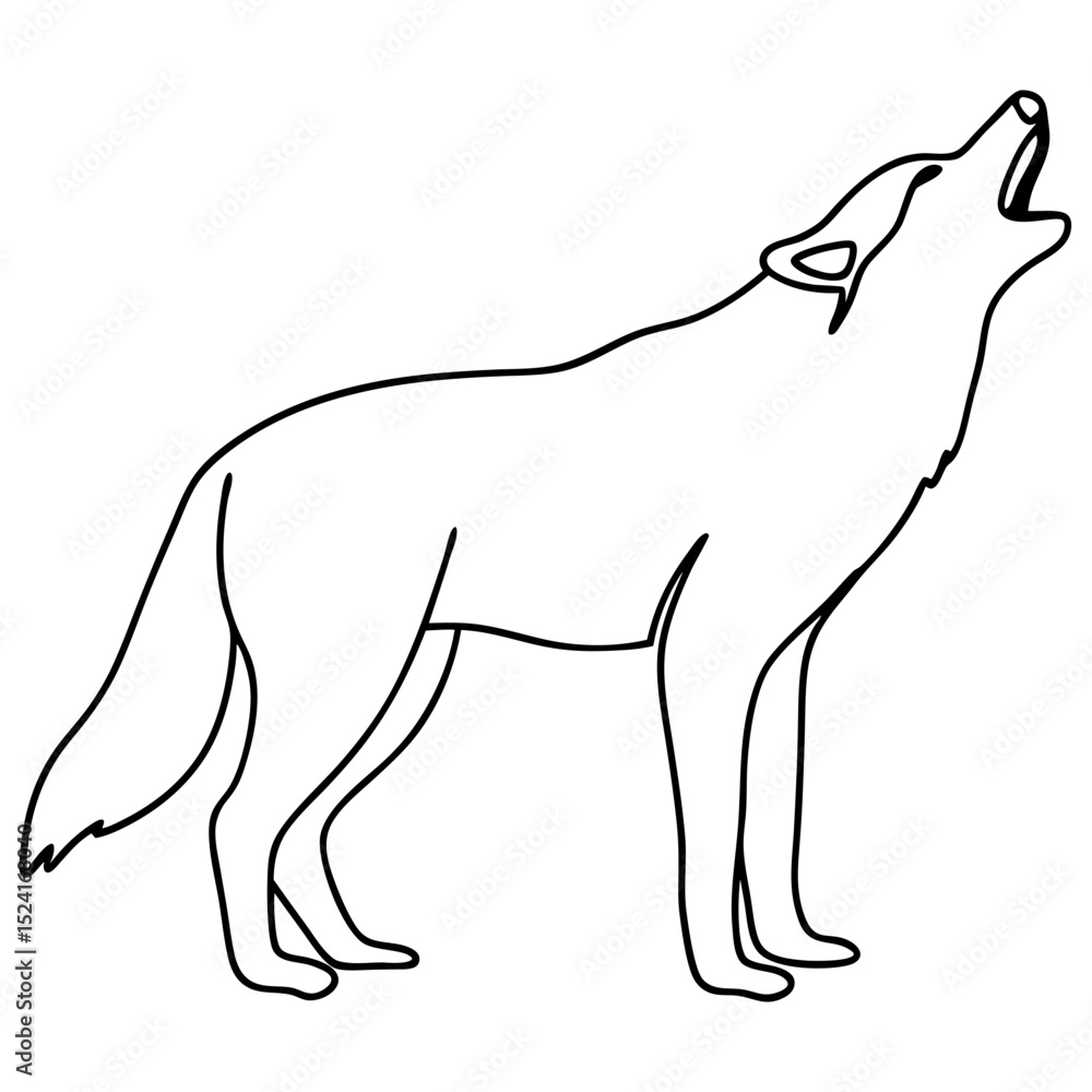 Fototapeta premium Howling wolf line art. Gray wolf howling at moon, canis lupus, majestic animal illustration. This image is perfect for wildlife posters or t-shirt designs.