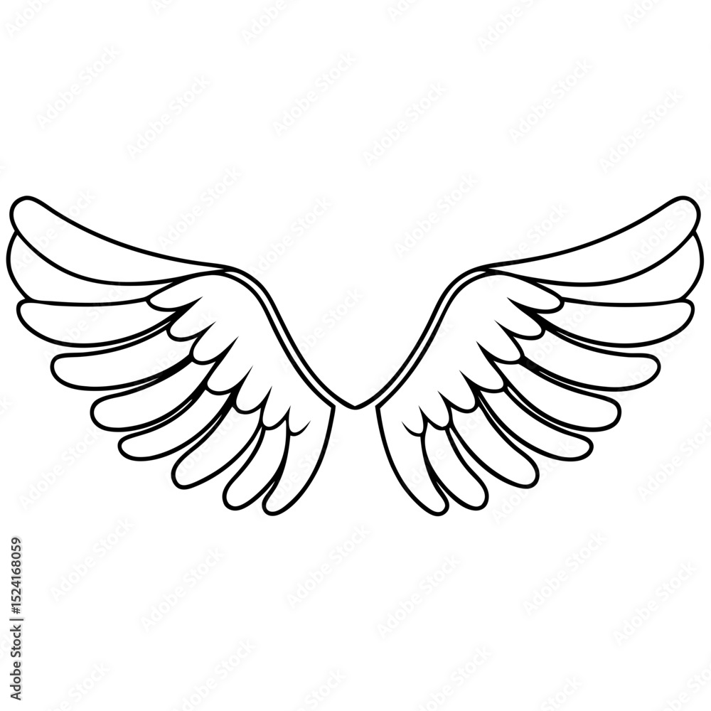 Obraz premium Pair of large wings spread wide. Detailed drawing of feathered wings, perfect for design projects. These detailed wings are ideal for logos, illustrations, and various graphic designs.