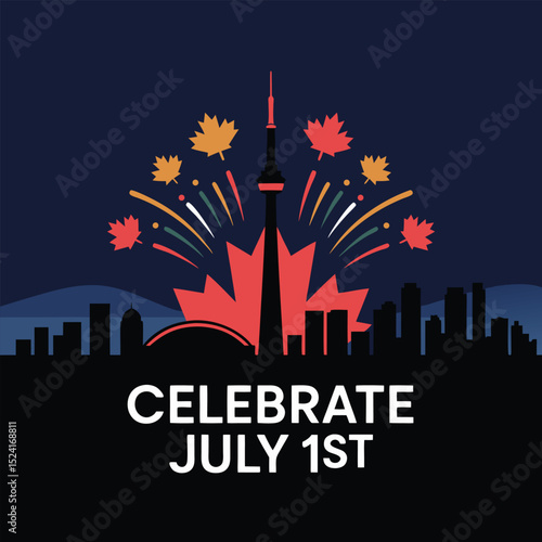 Canada Day Fireworks with Maple Leaf Illustration