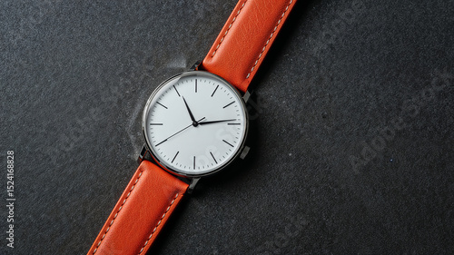 Wallpaper Mural Wristwatch with orange leather strap and white dial showing time on dark background Torontodigital.ca